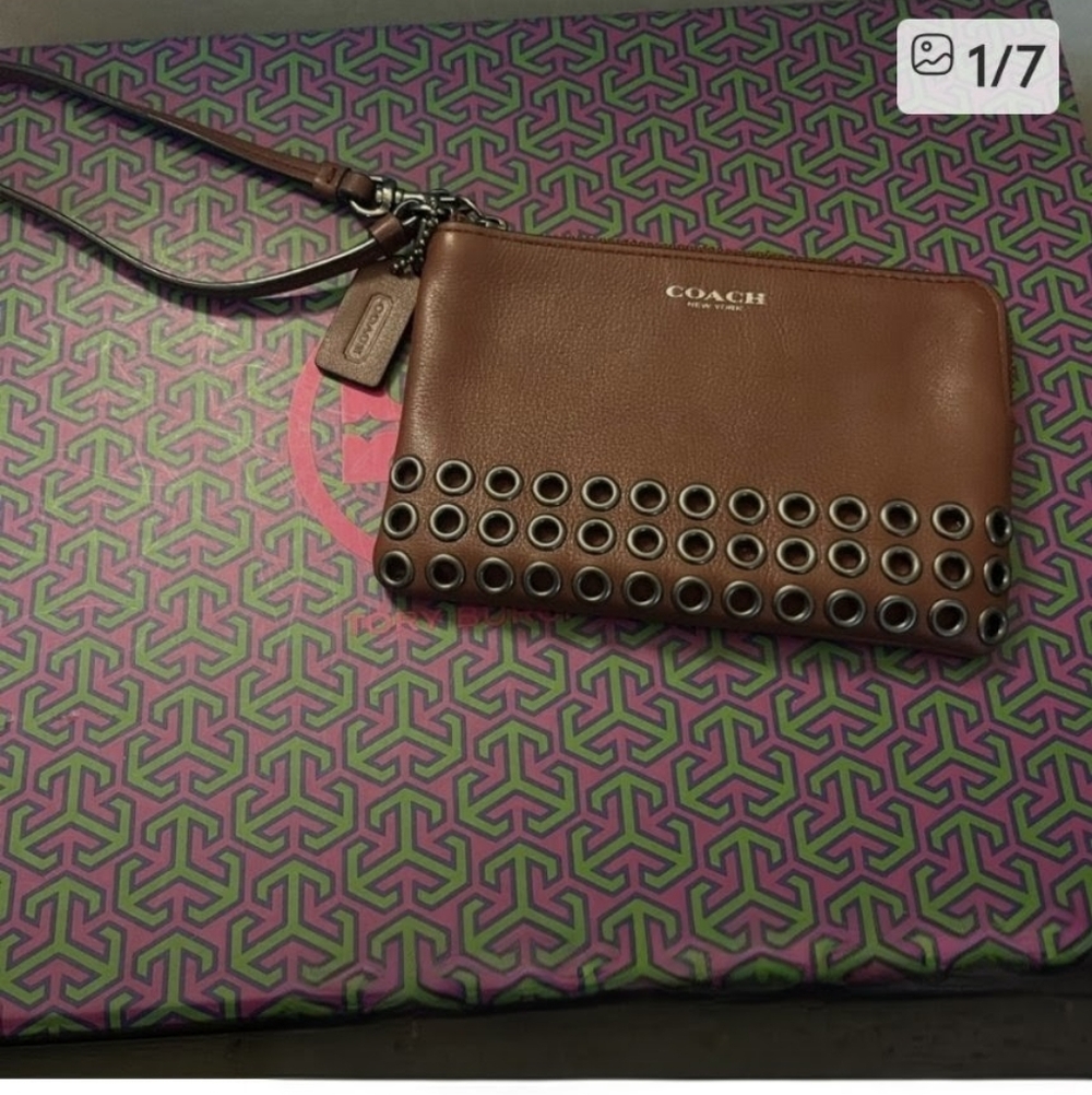 Coach Brown Leather Wristlet Zip Pouch Grommet Stud Detail Strap - Picture 2 of 5